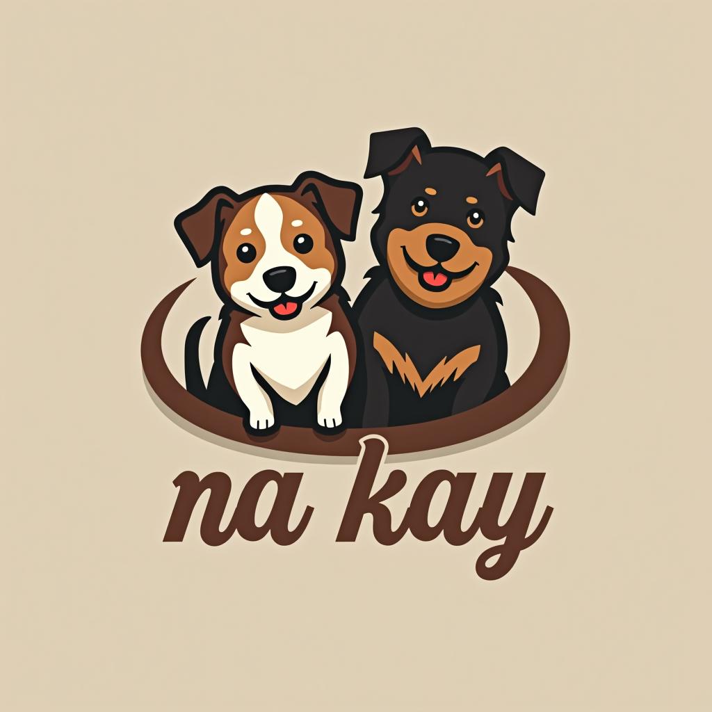  design a logo, i want a logo that conteins two dogs with a burguer, with the text 'na kay'.