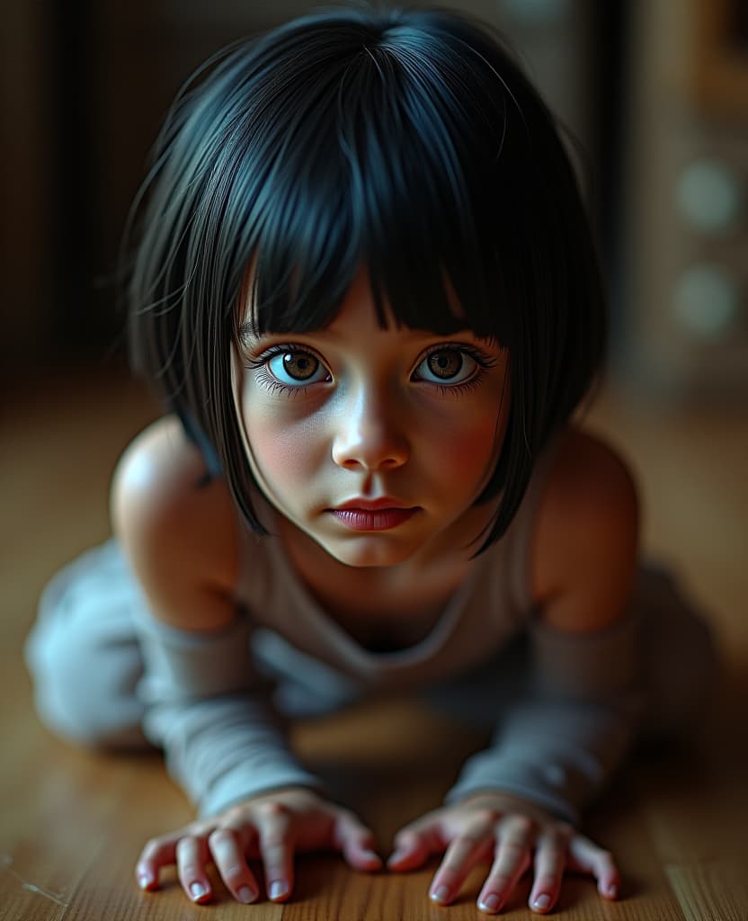  cinematic photo full lenght, raw lighting, over, harsh flash, masterpiece, ultra realistic 8k, (best quality), highly detail, detailed, higher resolution textures, 4k graphic resolution, 1, solo, beautiful , perfect eyes, , cute face, on all fours pose, blue eyes, oily skin, shiny skin, black hair hime cut, gles, gigantic s, heavy s . 35mm photograph, film, bokeh, professional, 4k, highly detailed hyperrealistic, full body, detailed clothing, highly detailed, cinematic lighting, stunningly beautiful, intricate, sharp focus, f/1. 8, 85mm, (centered image composition), (professionally color graded), ((bright soft diffused light)), volumetric fog, trending on instagram, trending on tumblr, HDR 4K, 8K