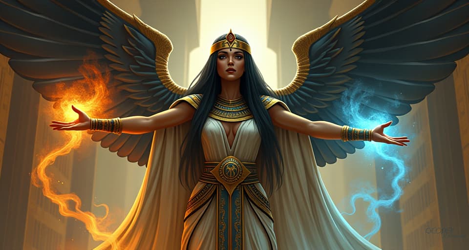  an egyptian priest or priestess, in elegant ceremonial attire, commanding elemental forces, a scene of chosen rarity and mastery.. the style is digital art illustration / modern comic book / mysterious occult, symbolic, esoteric vibe,high detail on character design, incorporating ancient egyptian symbology and attire.