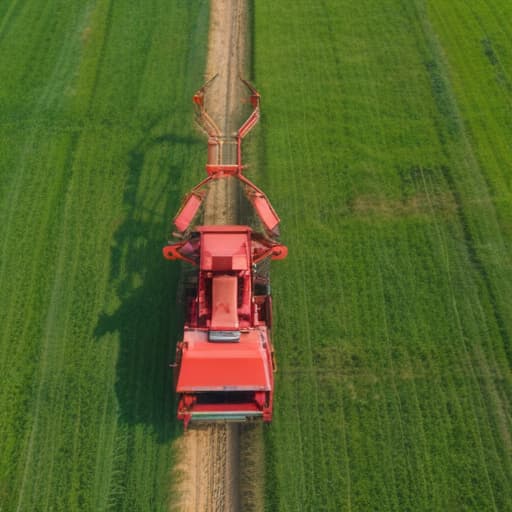 red harvester in green field viewed from high above