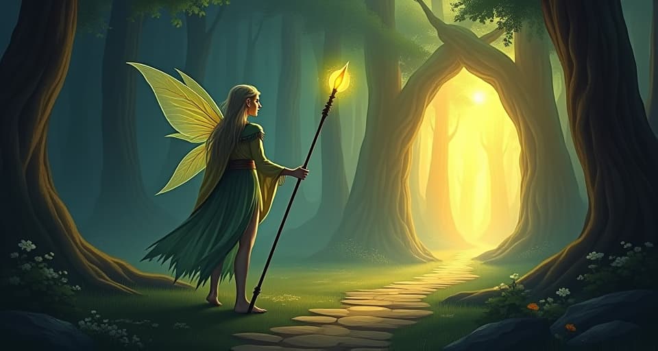  an ethereal elf with a glowing staff, turning away from a dark, ominous path. the background is a bright, enchanted forest teeming with life, symbolizing rejection of temptation.. the style is digital art illustration,highly detailed, whimsical,magical, dreamlike atmosphere, realism and fantasy blend, smooth, glossy textures,luminous quality, wonder and enchantment.