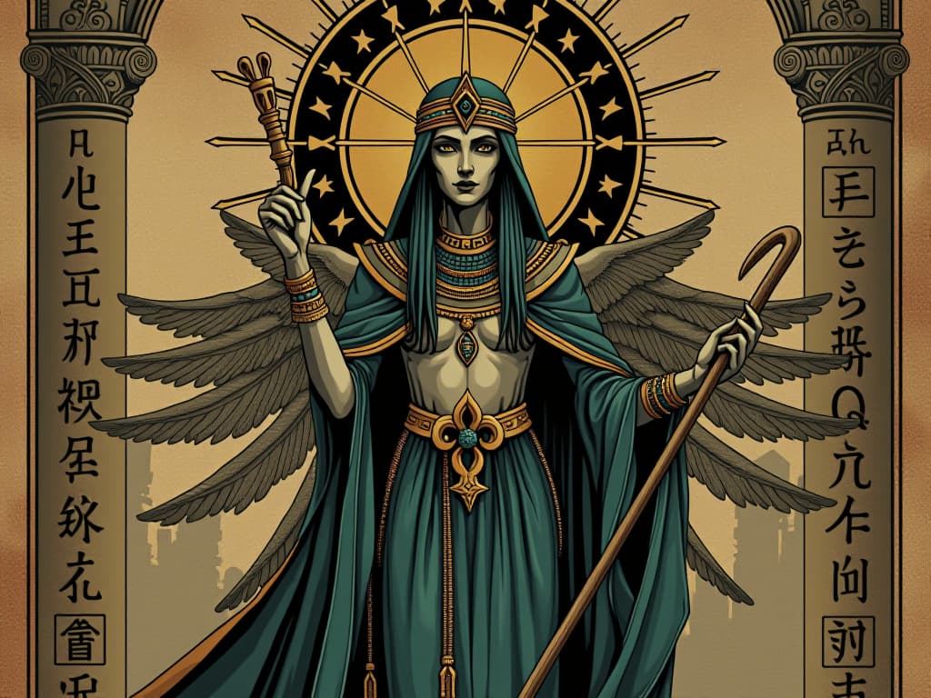  isis holding an ankh and staff, surrounded by hieroglyphics, aura of divine power, magical prowess, historical, enigmatic. an illustration in the style of a worn, mystical old tarot trump card, mysterious and elements of surrealism. the colors are muted, somber and eerie, but with contrast bring out an occult and esoteric vibe.