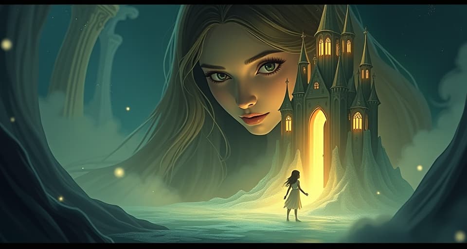  a luminescent castle with its base slowly crumbling under an ethereal weight. inside, a young maiden struggles under the presence of a motherly figure whose gaze is filled with unfulfilled potential. the scene is suffused with a bittersweet glow.. the style is digital art illustration,highly detailed, whimsical,magical, dreamlike atmosphere, realism and fantasy blend, smooth, glossy textures,luminous quality, wonder and enchantment.