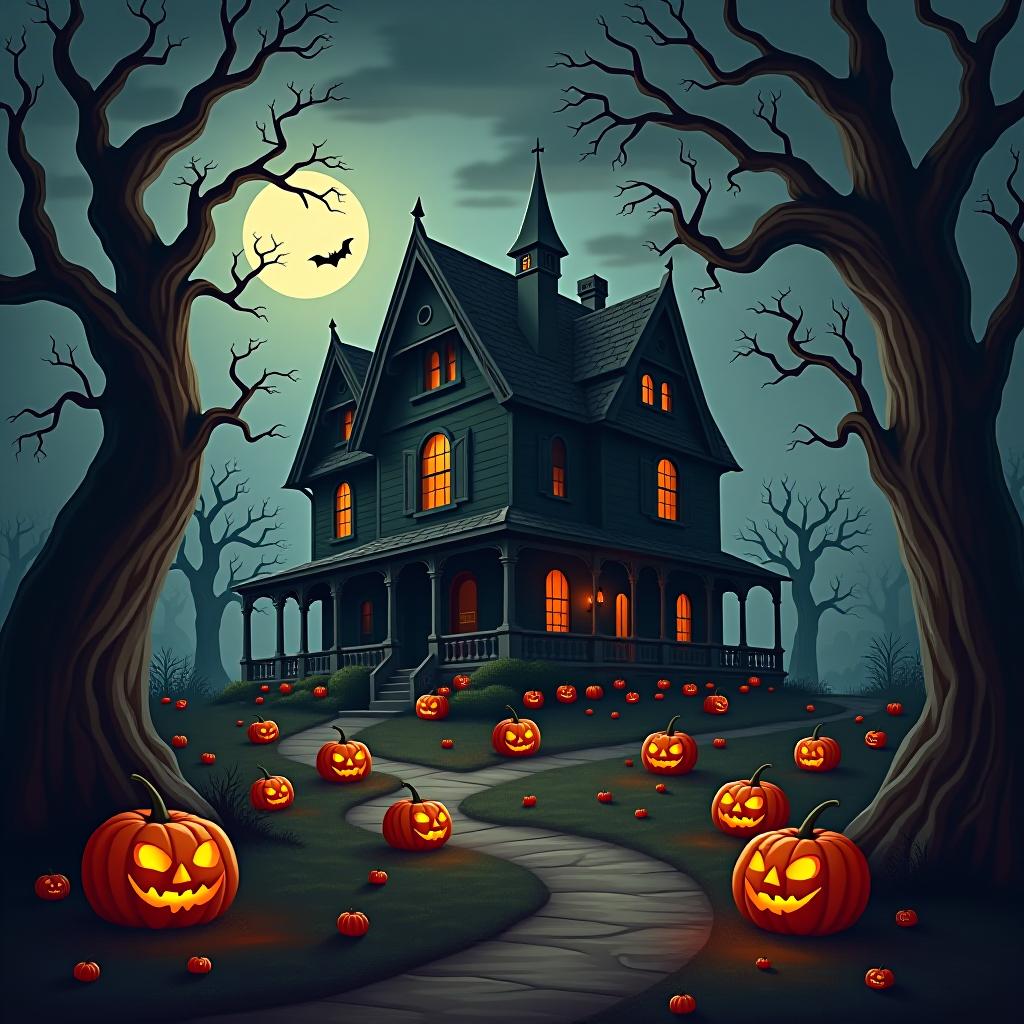  create a seamless digital painting of a spooky, halloween themed scene featuring a haunted house with gothic architecture. the house should be surrounded by twisted, gnarled trees and a multitude of jack o' lanterns. the scene should include a dark, cloudy sky to enhance the eerie atmosphere. the overall style should be detailed and atmospheric, capturing the essence of a haunted, creepy environment perfect for halloween, ensuring the design is seamless for use in repeating patterns or wraps.