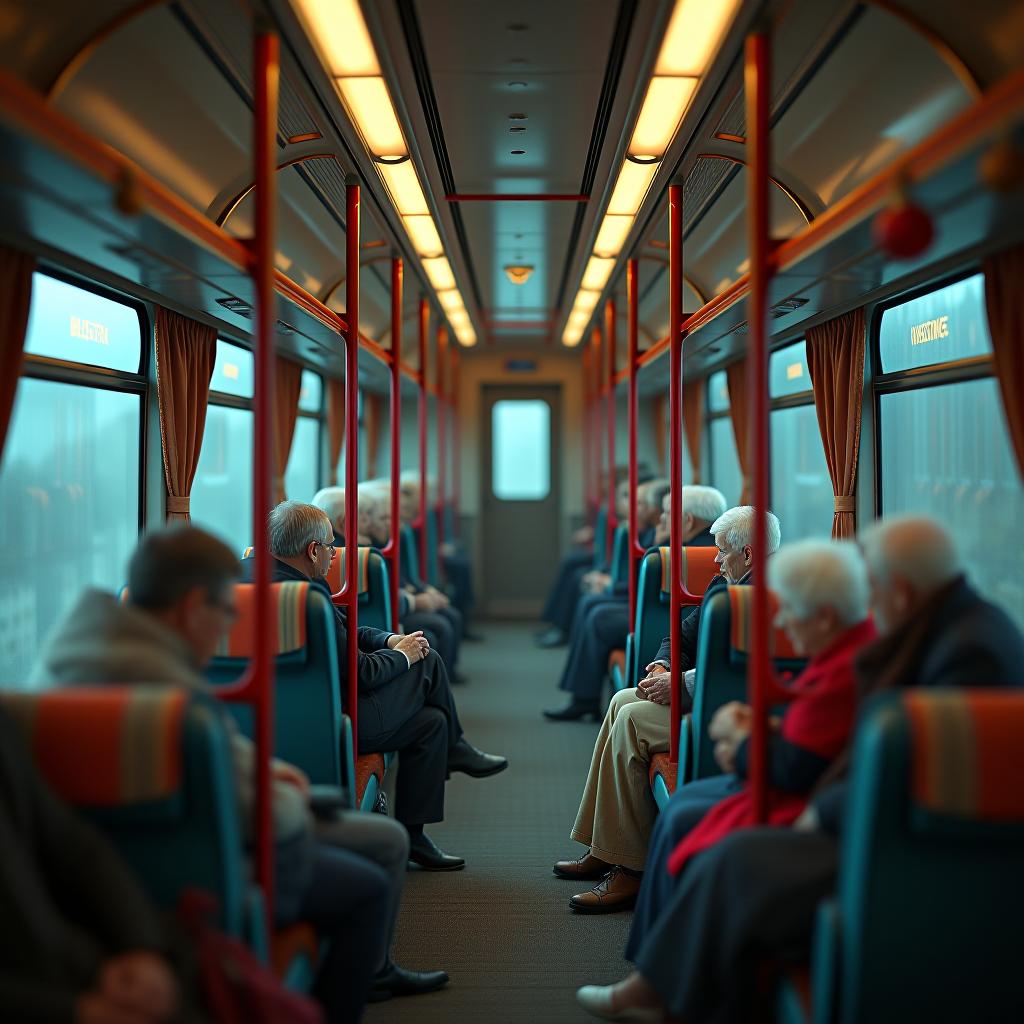  a sustainable train interior for eldery people, festive design hyperrealistic, full body, detailed clothing, highly detailed, cinematic lighting, stunningly beautiful, intricate, sharp focus, f/1. 8, 85mm, (centered image composition), (professionally color graded), ((bright soft diffused light)), volumetric fog, trending on instagram, trending on tumblr, HDR 4K, 8K