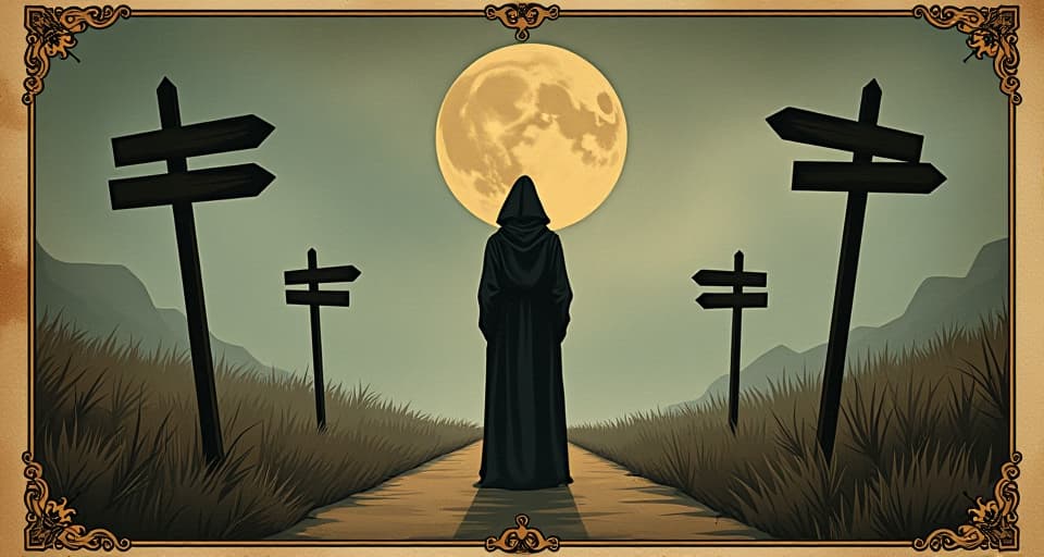  figure standing at a crossroads, signs pointing in various directions, contemplative, misled, purposeful ambiguity. an illustration in the style of a worn, mystical old tarot trump card, mysterious and elements of surrealism. the colors are muted, somber and eerie, but with contrast bring out an occult and esoteric vibe.