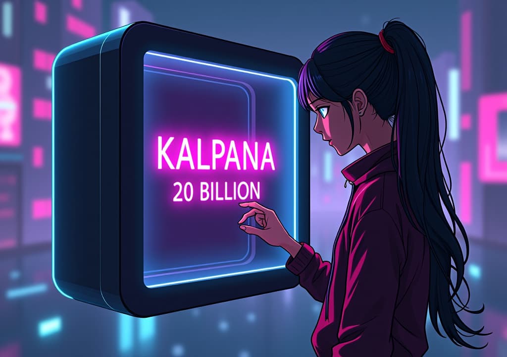  good quality, high quality, a digital ilration featuring a young with glowing eyes and flowing hair standing next to a sleek, futuristic box. inside the box, the words "kalpana 20 billion parameter text to image ai by enhanceai.art" are displayed in bold, neon text. the is interacting with the box, with her hand resting on it as if controlling the ai. the background is a glowing cyberpunk cityscape with subtle, radiant light effects.