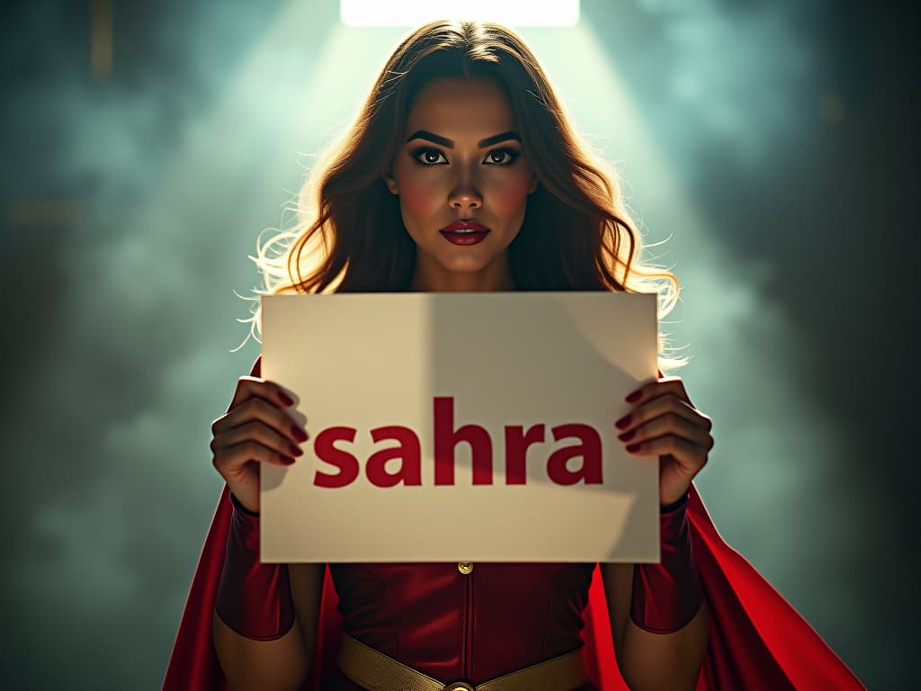  super woman that holds a paper with this letter: "sahra" hyperrealistic, full body, detailed clothing, highly detailed, cinematic lighting, stunningly beautiful, intricate, sharp focus, f/1. 8, 85mm, (centered image composition), (professionally color graded), ((bright soft diffused light)), volumetric fog, trending on instagram, trending on tumblr, HDR 4K, 8K