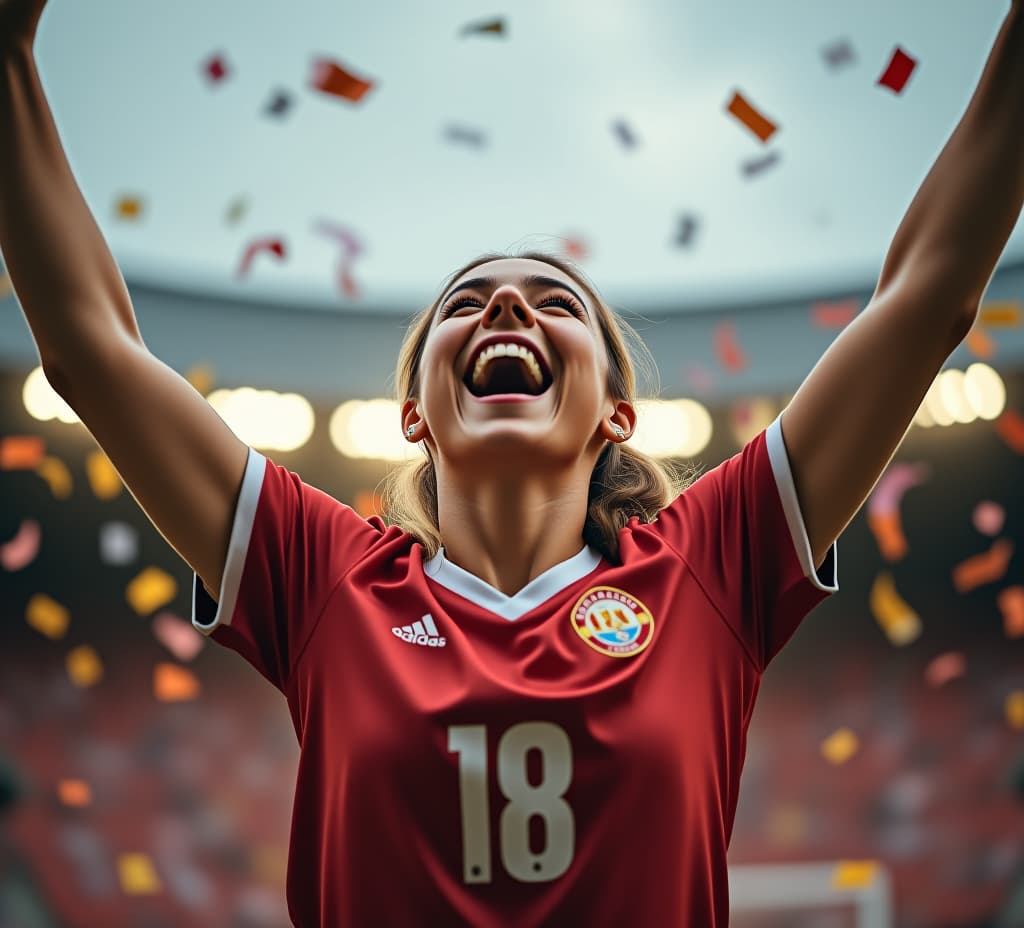  portrait of a happy female football sport player celebrating winning with confetti falling