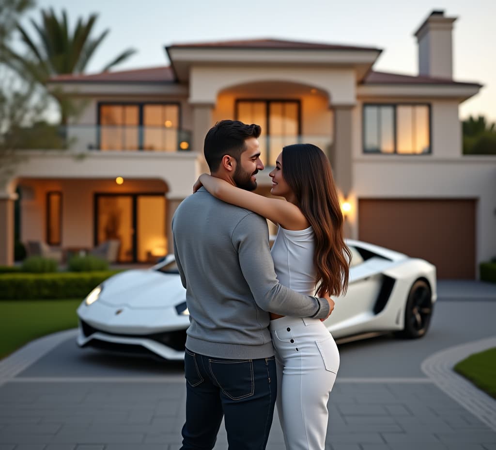  man and woman hugged, couple hugging each other, standing in front of the big luxury house and expensive shiny white sports car parked on the driveway. wealthy and rich family villa apartment, success