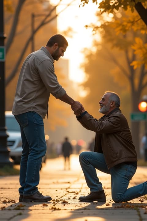  a compassionate scene where a strong, caring man extends his hand to help another man who has fallen, showcasing friendship and support. the background features a city park with sunlight filtering through the trees, birds in the sky, and a sense of community. the helping man is dressed in a casual shirt and jeans, exuding warmth and kindness, while the man receiving help looks grateful yet distressed, wearing a worn jacket. the atmosphere is uplifting and encouraging, emphasizing human connection and empathy.