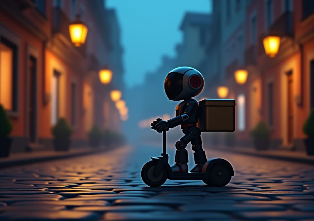  delivery robot on cobblestone street at night 3d illustration