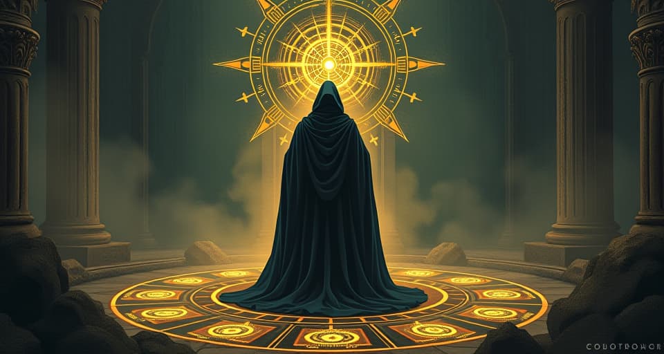  a robed figure standing in the center of a ritual circle, energy flowing through them, intricate symbols glowing, they act as a conduit for divine justice, powerful, concentrating. an illustration in the style of a worn, mystical old tarot trump card, mysterious and elements of surrealism. the colors are muted, somber and eerie, but with contrast bring out an occult and esoteric vibe.