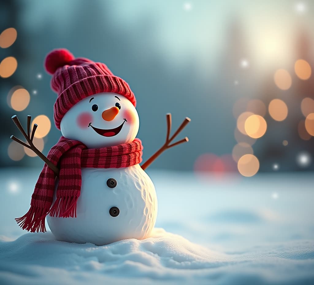  winter holiday christmas background banner with cute funny laughing snowman with wool hat and scarf, on snowy snow snowscape and bokeh light