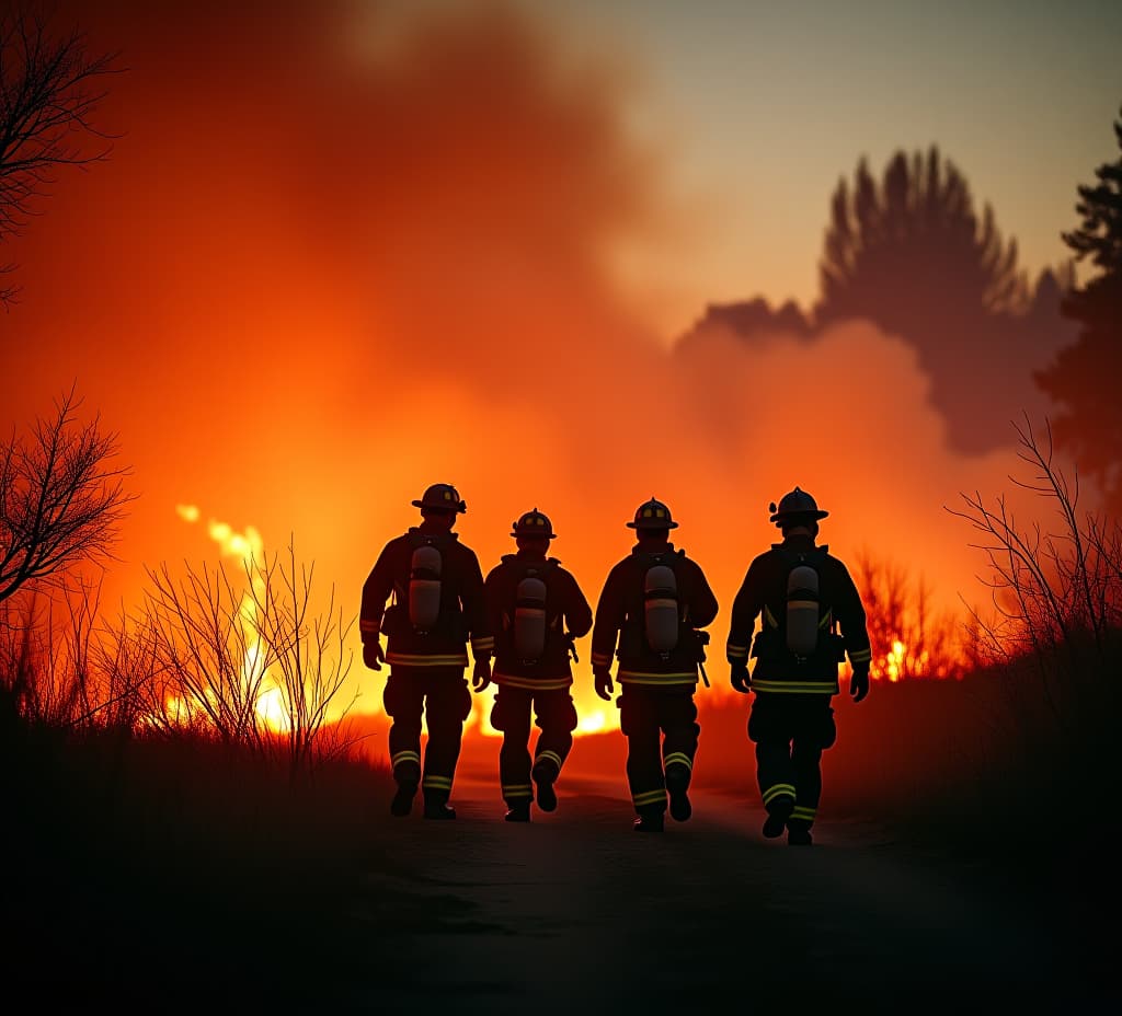  photo of a group of firefighters battling a blazing fire