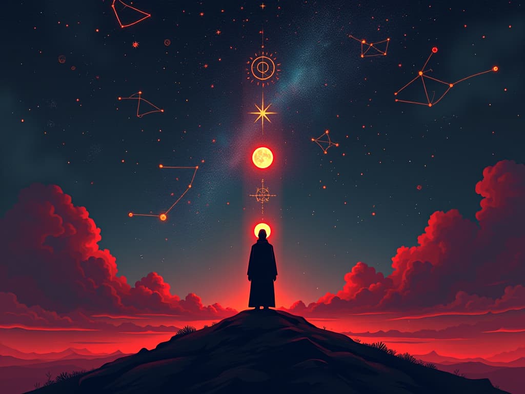  celestial signs in star filled sky, constellations forming sacred symbols, air of cosmic guidance. the style is digital art illustration / modern comic book / graphic dark novel fantasy and mysterious occult, symbolic, moody lighting, esoteric vibe,high detail on character design. for the color scheme emphasize blacks and reds.