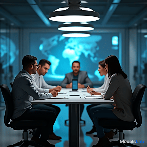  a group of people sitting around a table, brainstorming and discussing the possibilities of ai while futuristic machines hum in the background. share your ideas and envision a world transformed by ai! hyperrealistic, full body, detailed clothing, highly detailed, cinematic lighting, stunningly beautiful, intricate, sharp focus, f/1. 8, 85mm, (centered image composition), (professionally color graded), ((bright soft diffused light)), volumetric fog, trending on instagram, trending on tumblr, HDR 4K, 8K