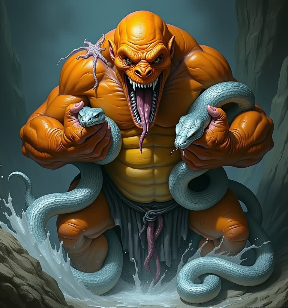  horror themed fantasy picture dark fantasy giant orange cyclops caught three silver snake s lamia. cyclops squeezed two silver snake s in giant fists and drags them under his loincloth. wriggling snake bodies. white slime and white foam splashes through the coils of the snake bodies. cyclops stuck his reproductive organ into one silver snake and impregnates her. silver snake bodies actively wriggle and wrap around cyclops. beautiful curves of snake bodies. cyclops eats one of the snakes a snake writs in the cyclops' fanged mouth a snake's body hangs out of the cyclops' mouth, stuck in its teeth . eerie, unsettling, dark, spooky, suspenseful, grim, highly detailed