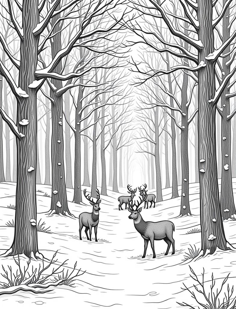  this is for an adult coloring page. a detailed black and white line art of a snowy snow covered forest with a group of deer grazing on a solid white background.