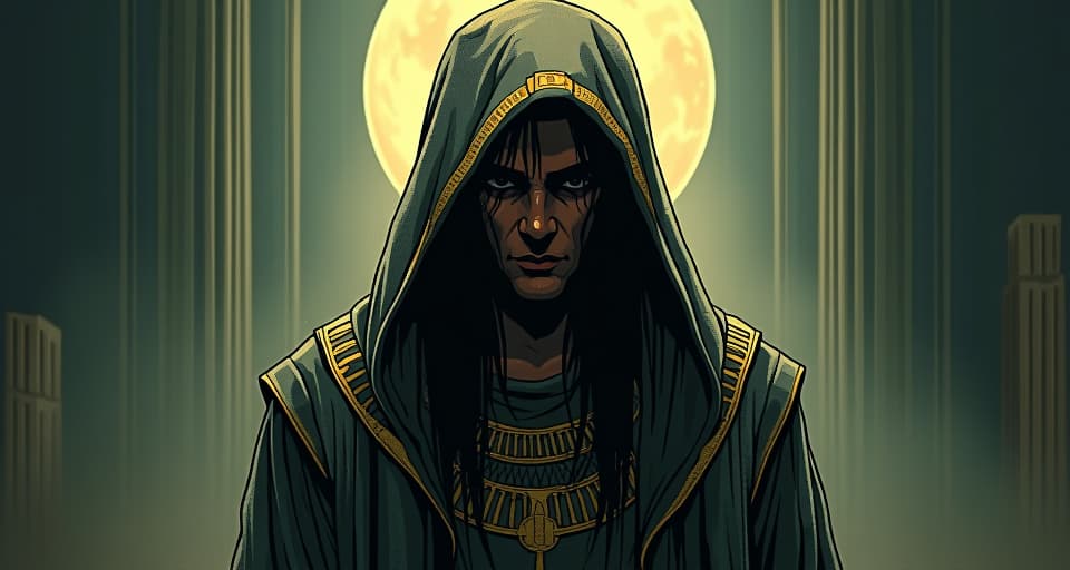  sweat drenched awakening, haunted by silence, lingering confrontation, latent dread. the style is digital art illustration / modern comic book / mysterious occult, symbolic, esoteric vibe,high detail on character design, incorporating ancient egyptian symbology and attire.