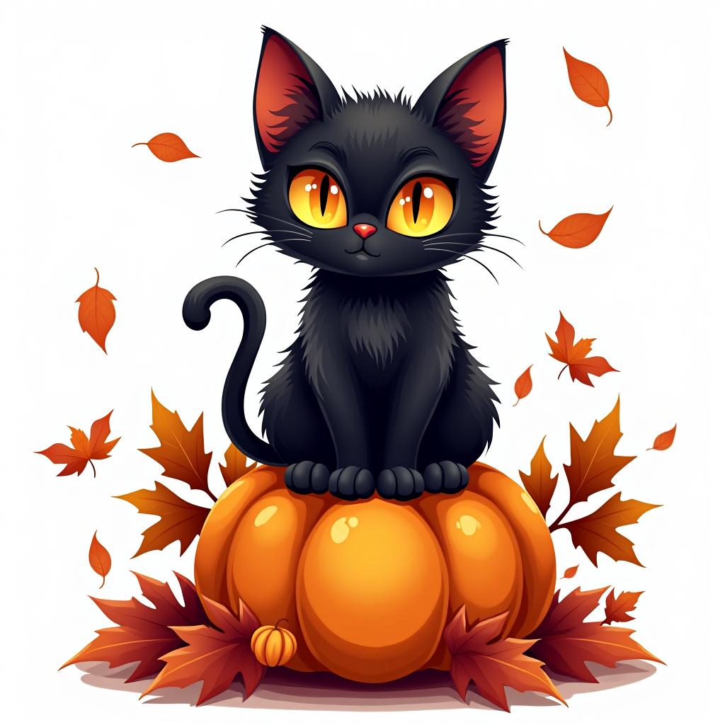  a cute black cat with glowing eyes sitting on a pumpkin, surrounded by swirling autumn leaves in a whimsical style, with warm, moody lighting. t shirt design, vector, contour, white background, no mockup hyperrealistic, full body, detailed clothing, highly detailed, cinematic lighting, stunningly beautiful, intricate, sharp focus, f/1. 8, 85mm, (centered image composition), (professionally color graded), ((bright soft diffused light)), volumetric fog, trending on instagram, trending on tumblr, HDR 4K, 8K