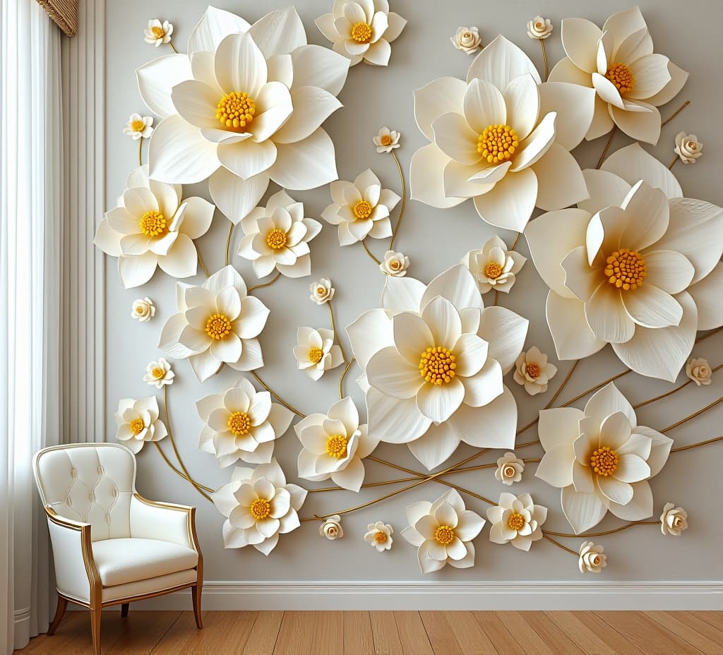  3d flowers floral wallpaper wall art design decor white gold luxus premium