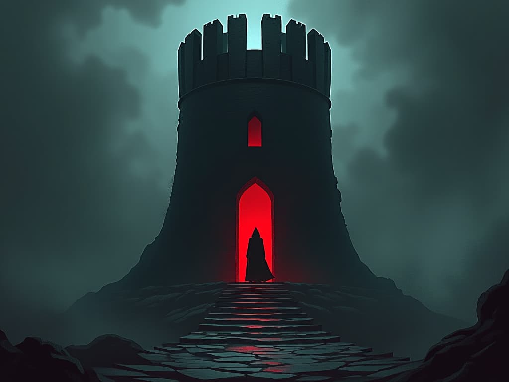  solitary tower, character confined within, external world blurred and distant, internal and external turmoil made visual. the style is dark fantasy and mysterious occult, symbolic, moody lighting, esoteric vibe,high detail on character design. for the color scheme emphasize blacks and reds.