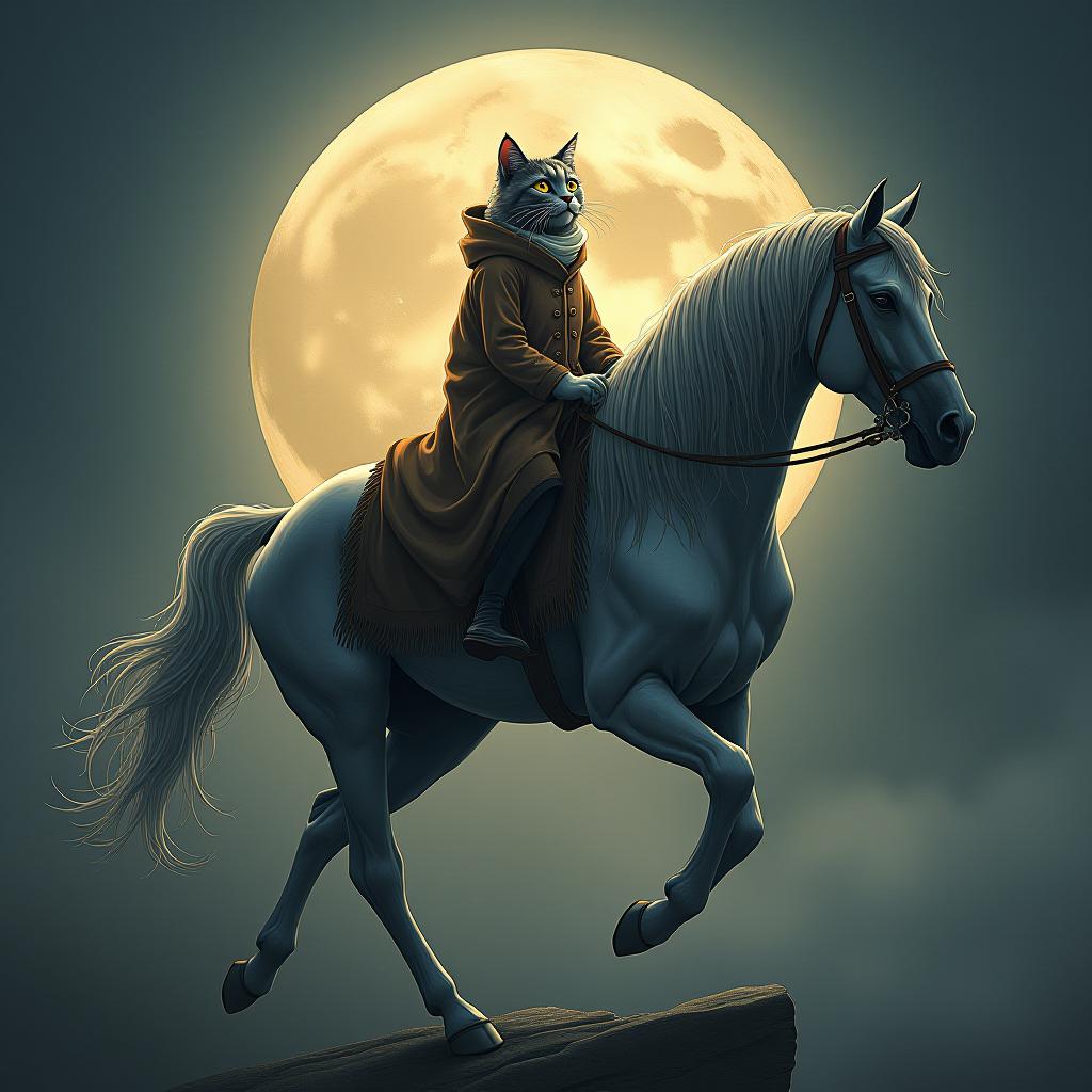  a cat riding a horse, hand drawn, on the moon, studio light, hdr 4k hyperrealistic, full body, detailed clothing, highly detailed, cinematic lighting, stunningly beautiful, intricate, sharp focus, f/1. 8, 85mm, (centered image composition), (professionally color graded), ((bright soft diffused light)), volumetric fog, trending on instagram, trending on tumblr, HDR 4K, 8K