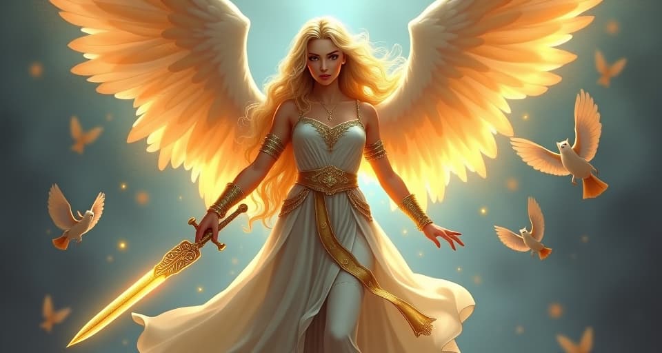  a powerful warrior angel with a shimmering sword, surrounded by enchanted creatures. her commanding presence inspires those around her to stand in their own power, emblematic of leadership.. the style is digital art illustration,highly detailed, whimsical,magical, dreamlike atmosphere, realism and fantasy blend, smooth, glossy textures,luminous quality, wonder and enchantment.