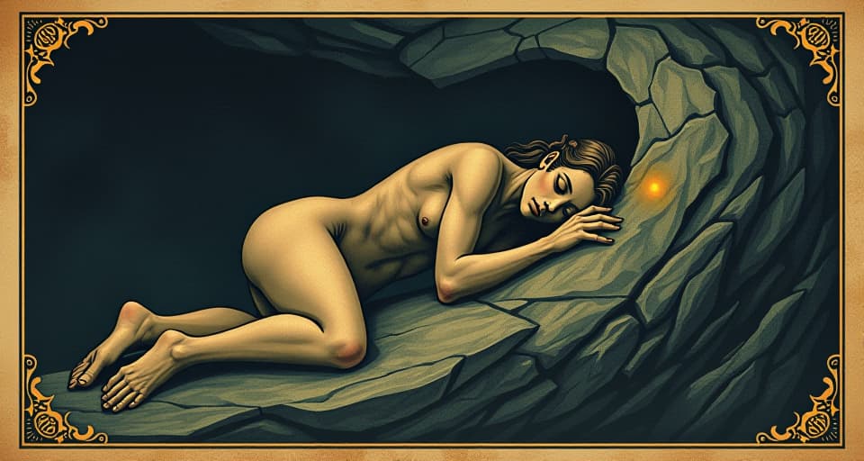  giant, sleeping figure encased in stone, faint symbols glowing on rock surface, potential power, dormant, hidden strength. an illustration in the style of a worn, mystical old tarot trump card, mysterious and elements of surrealism. the colors are muted, somber and eerie, but with contrast bring out an occult and esoteric vibe.