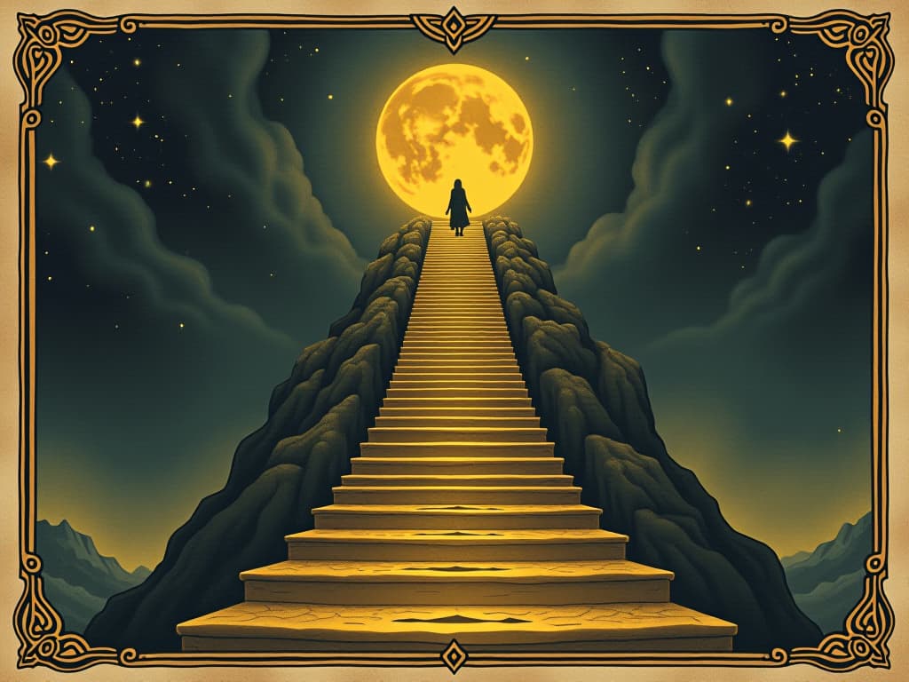  a golden staircase connecting earth to the stars, people ascending, each step glowing softly under moonlight, journey forward, divine guidance, elevation. an illustration in the style of a worn, mystical old tarot trump card, mysterious and elements of surrealism. the colors are muted, somber and eerie, but with contrast bring out an occult and esoteric vibe.