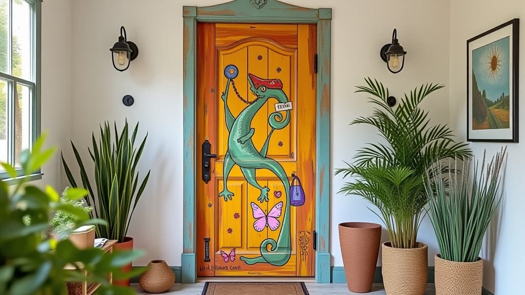  whimsical entrance vibrantly painted door in clean setting lifestyle stock photo