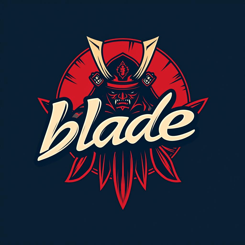  logo, emblem logo, with the written text ‘blade’, samurai theme, red and blue.