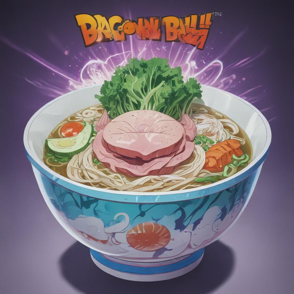 distance-shot, flashy, full-body, dynamic, holographic, animated cartoon poster of a bowl of pho in the style of dragon ball super