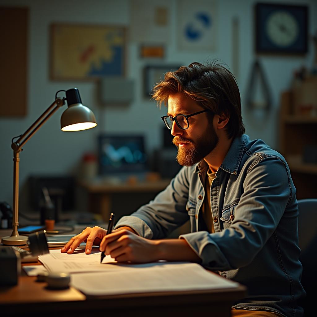  create a high quality, photorealistic image that vividly depicts the following scene: "authentic, meticulously detailed photograph of john, a university dropout with a scruffy beard, glasses, and faded denim pants, deep in thought with a steadfast stare directed at a bulky computer prototype. warm, subdued lighting throwing elongated, purposeful shadows in a messily filled garage set, antique tech devices, and blueprint strewn across a jury rigged table. coarse, film like aesthetic symbolic of the late 70s period. taken on a sony alpha 7r iv, leica lens, f/1.4, iso 50, 35mm. resolution 8k, ultra hd; conveying a tone of sincere commitment and modest origin." the image should: focus on the specific actions, emotions, and eleme hyperrealistic, full body, detailed clothing, highly detailed, cinematic lighting, stunningly beautiful, intricate, sharp focus, f/1. 8, 85mm, (centered image composition), (professionally color graded), ((bright soft diffused light)), volumetric fog, trending on instagram, trending on tumblr, HDR 4K, 8K