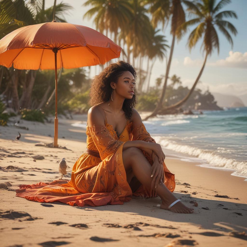 ((masterpiece)),(((best quality))), 8k, high detailed, ultra detailed, A black woman sitting on a beach, a serene ocean view, seagulls flying overhead, palm trees swaying in the breeze, colorful beach umbrellas dotting the shore, the sun setting in the background hyperrealistic, full body, detailed clothing, highly detailed, cinematic lighting, stunningly beautiful, intricate, sharp focus, f/1. 8, 85mm, (centered image composition), (professionally color graded), ((bright soft diffused light)), volumetric fog, trending on instagram, trending on tumblr, HDR 4K, 8K