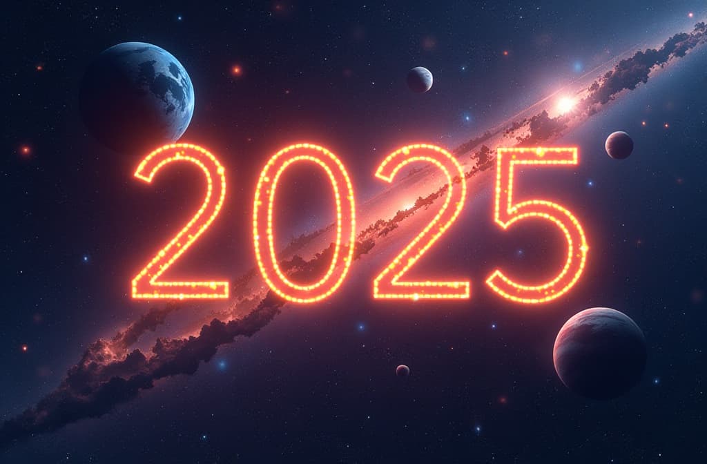  "2025" in glowing typography surrounded by space and planetary imagery, symbolizing exploration and innovation. {prompt}, maximum details