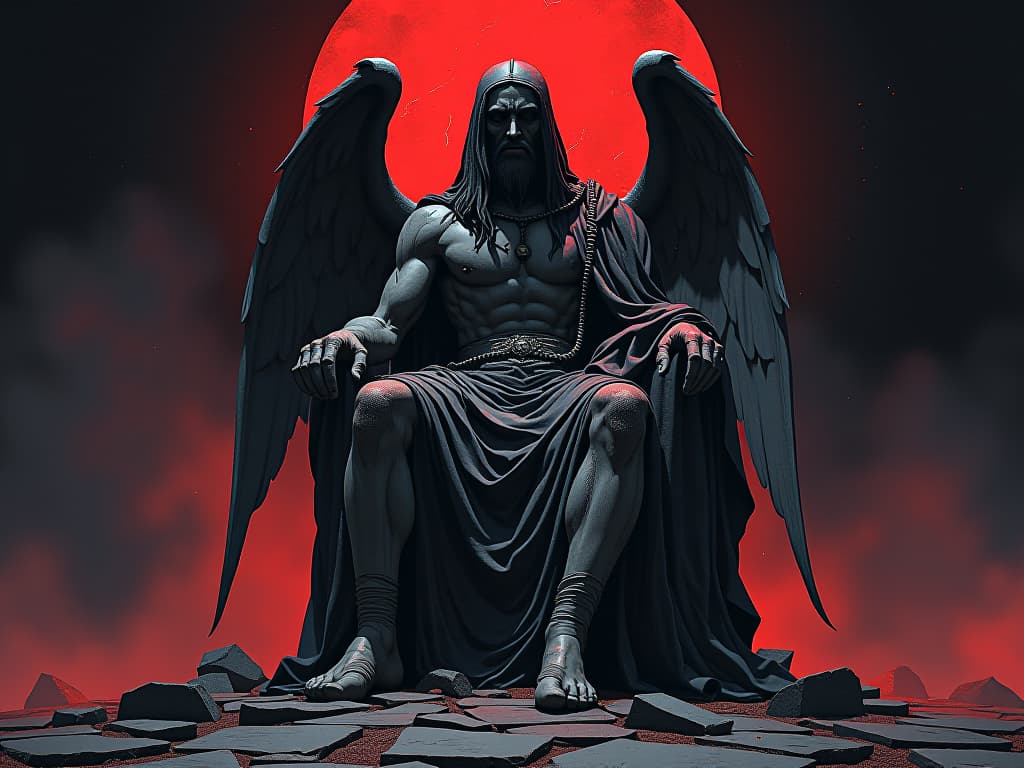  cracked statue of a regal figure, weathered with time, fragments on the ground, sense of profound loss. the style is digital art illustration / modern comic book / graphic dark novel fantasy and mysterious occult, symbolic, moody lighting, esoteric vibe,high detail on character design. for the color scheme emphasize blacks and reds.