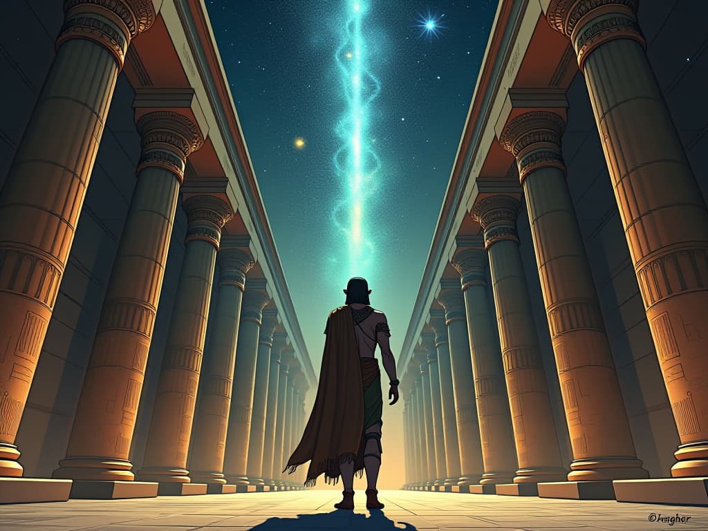  ancient egyptian temple under a starry sky, celestial light breaking through the columns, transcending ordinary boundaries. the style is digital art illustration / modern comic book / mysterious occult, symbolic, esoteric vibe,high detail on character design, incorporating ancient egyptian symbology and attire.