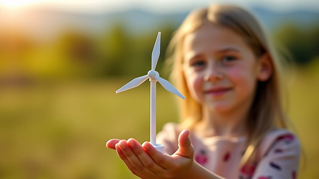  a girl holding a miniature wind turbine toy outdoors in nature. sustainable future energy concept