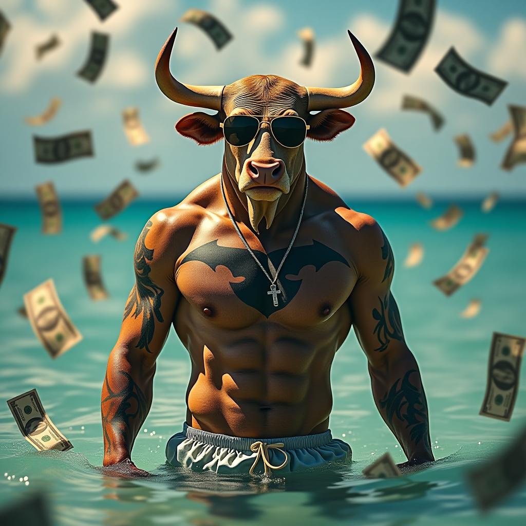  hyper realistic image of a gentleman bull wearing sun glasses, wtih tattoos on his body and swimming shorts with money flying in the background hyperrealistic, full body, detailed clothing, highly detailed, cinematic lighting, stunningly beautiful, intricate, sharp focus, f/1. 8, 85mm, (centered image composition), (professionally color graded), ((bright soft diffused light)), volumetric fog, trending on instagram, trending on tumblr, HDR 4K, 8K