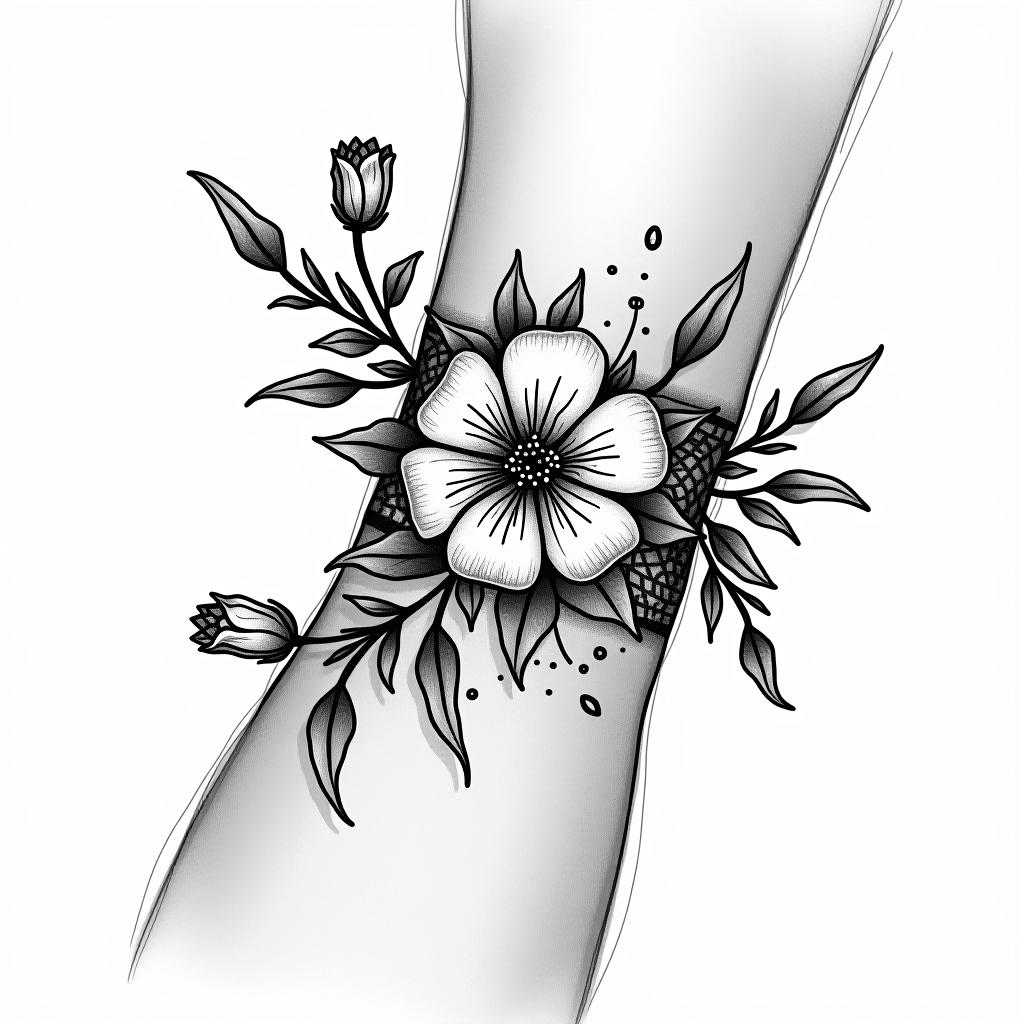  tattoo sketch, black and white, wrist bracelet with flowers and pattern.