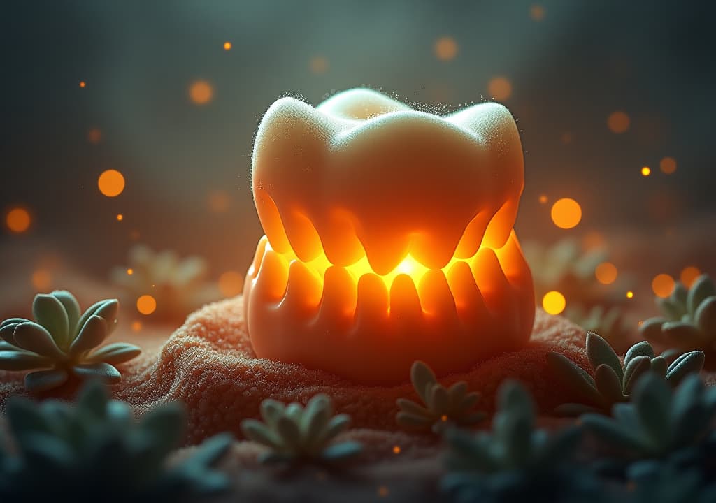  illustration of glowing wisdom teeth on a mysterious, glowing background surrounded by tiny orbs of light and sprouts of sage. hyperrealistic, full body, detailed clothing, highly detailed, cinematic lighting, stunningly beautiful, intricate, sharp focus, f/1. 8, 85mm, (centered image composition), (professionally color graded), ((bright soft diffused light)), volumetric fog, trending on instagram, trending on tumblr, HDR 4K, 8K