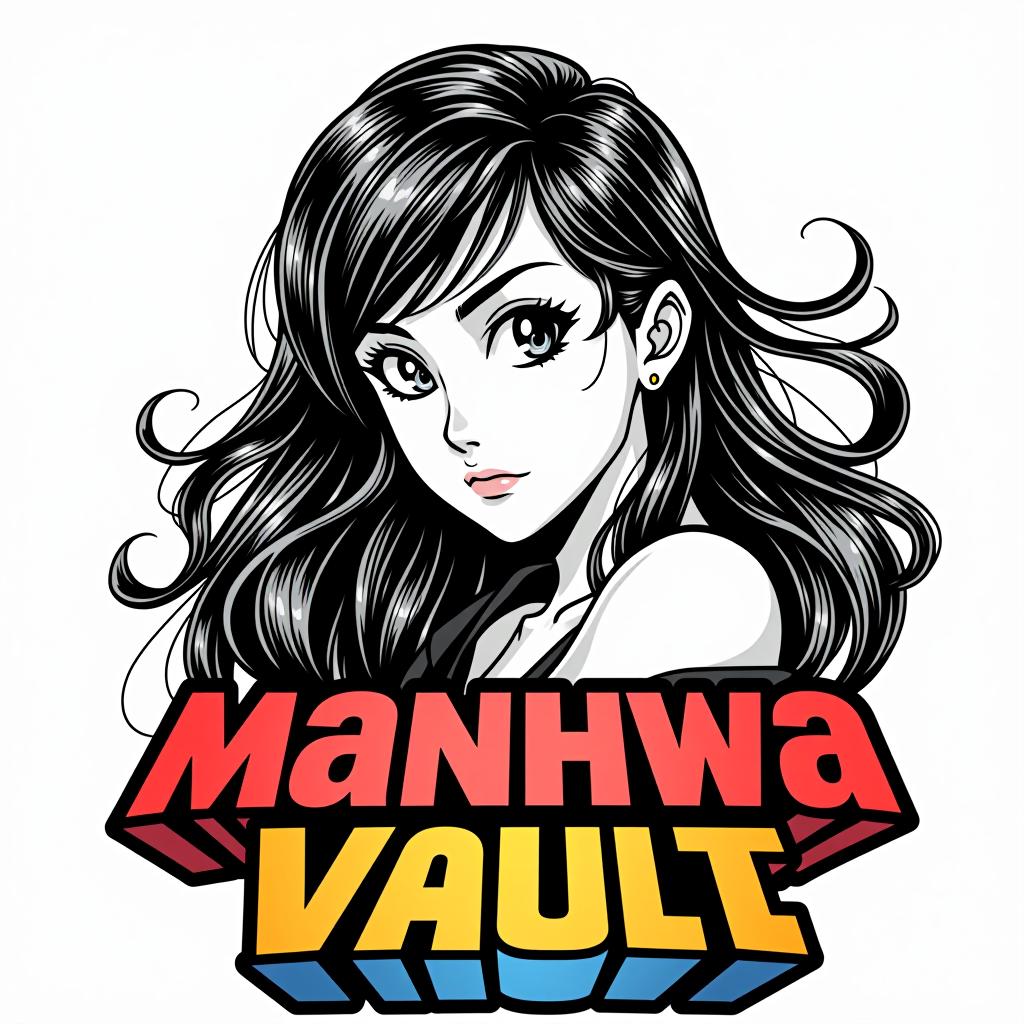  good quality, high quality, a black and white manga style design for the "manhwa vault" logo, featuring a hot with flowing hair and expressive eyes. the is drawn in a detailed manga style with bold lines and deep shadows. the text "manhwa vault" is colorful and bold, with a slight 3d effect to make it pop against the monochrome image.