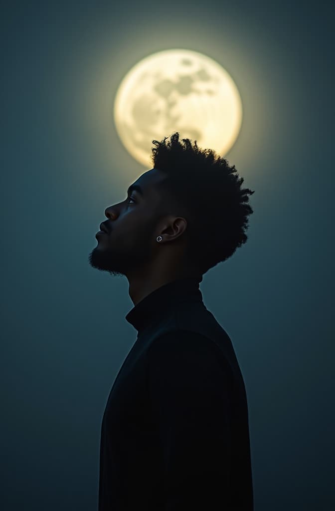  a full moon in the sky and an alone brown skin men hyperrealistic, full body, detailed clothing, highly detailed, cinematic lighting, stunningly beautiful, intricate, sharp focus, f/1. 8, 85mm, (centered image composition), (professionally color graded), ((bright soft diffused light)), volumetric fog, trending on instagram, trending on tumblr, HDR 4K, 8K