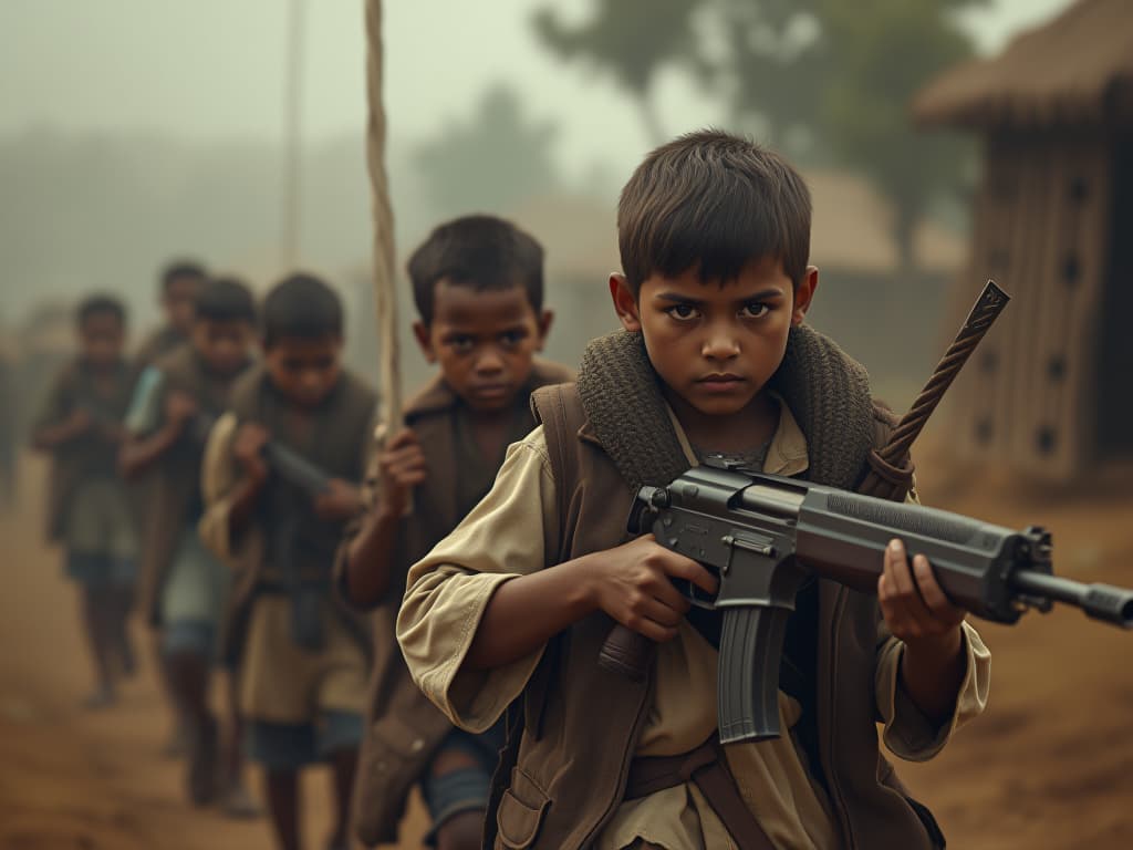  a group of young boys who are tied and dragged like slaves and holding guns in a village, 8k resolution, realistic style, cinematic angle, 16:9 aspect ratio hyperrealistic, full body, detailed clothing, highly detailed, cinematic lighting, stunningly beautiful, intricate, sharp focus, f/1. 8, 85mm, (centered image composition), (professionally color graded), ((bright soft diffused light)), volumetric fog, trending on instagram, trending on tumblr, HDR 4K, 8K