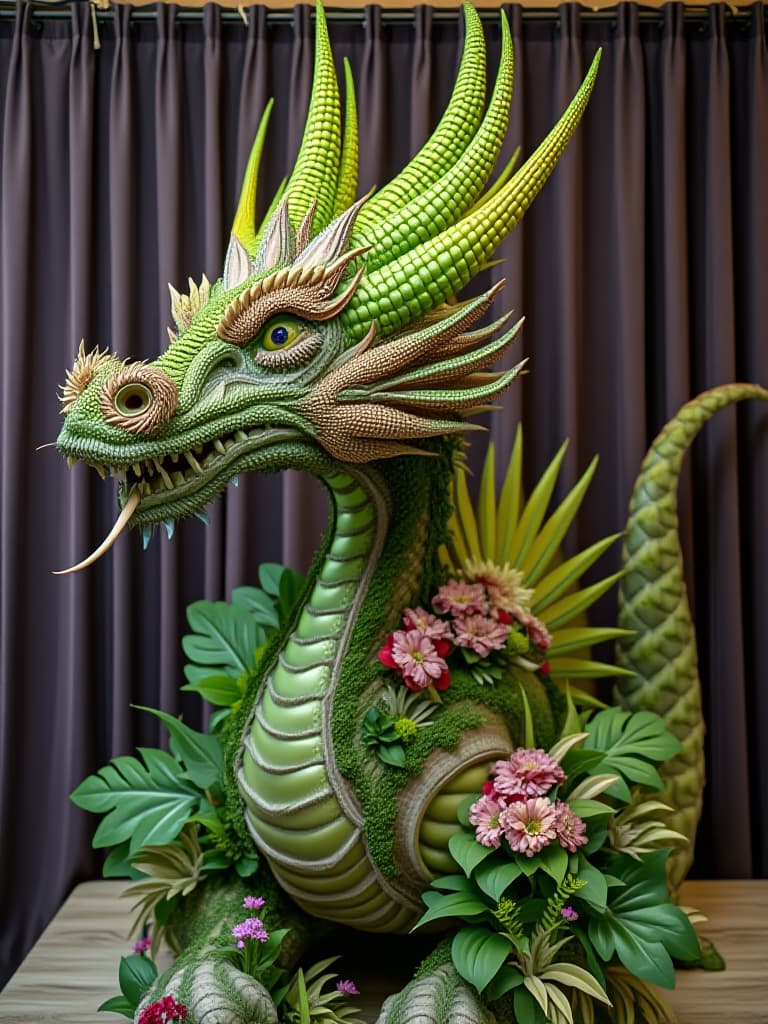  the image depicts a large, detailed, and intricately crafted dragon sculpture made out of various plants and flowers. the dragon is green and brown in color, with an impressive display of long green and yellow horns. the dragon's face appears to be green, giving it an eye catching and vibrant appearance. the dragon's long neck and its intricate head further showcase the attention to detail in its construction. the plant dragon is displayed in front of a curtain, providing a dramatic backdrop for this fascinating sculpture.