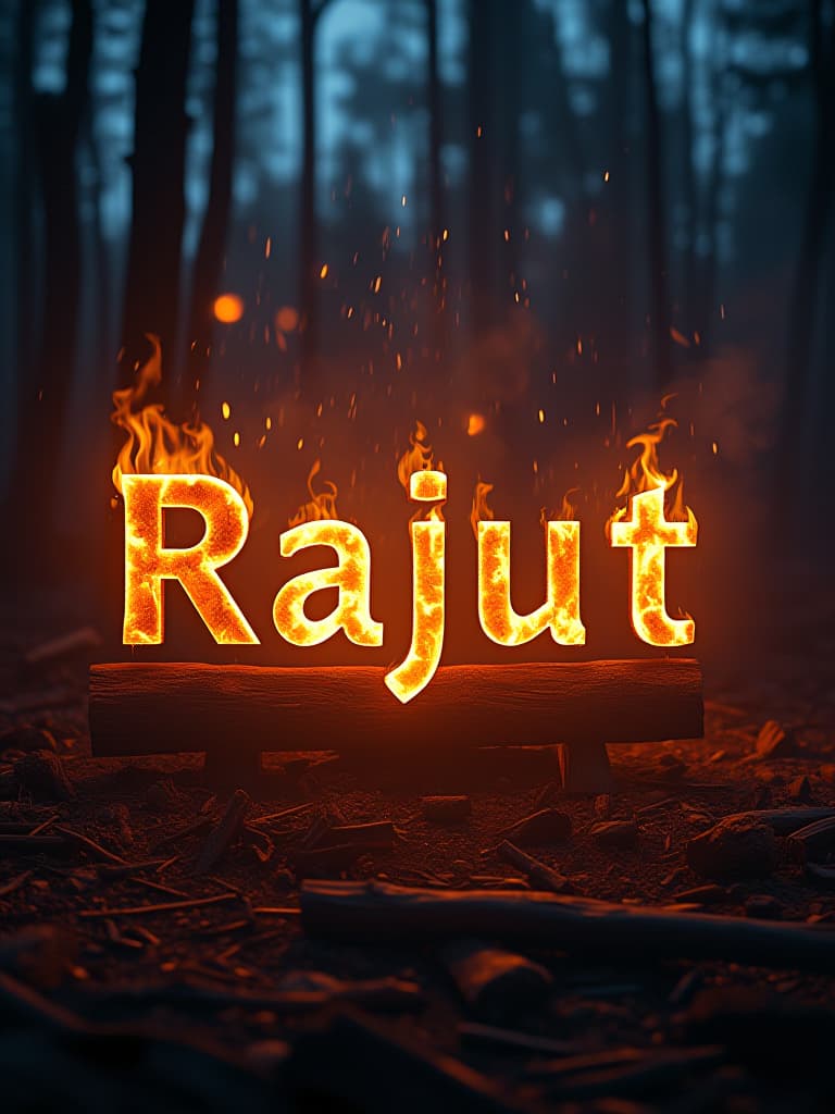  good quality, high quality, "akhilesh rajput" in glowing embers , in capital letter, formed out of burning firewood,  flames the text radiates heat and light in a dark, nighttime forest setting. the background features flickering shadows of trees, while warm, dominate the scene with a sense of rainbow color and mystery. hyperrealistic, full body, detailed clothing, highly detailed, cinematic lighting, stunningly beautiful, intricate, sharp focus, f/1. 8, 85mm, (centered image composition), (professionally color graded), ((bright soft diffused light)), volumetric fog, trending on instagram, trending on tumblr, HDR 4K, 8K