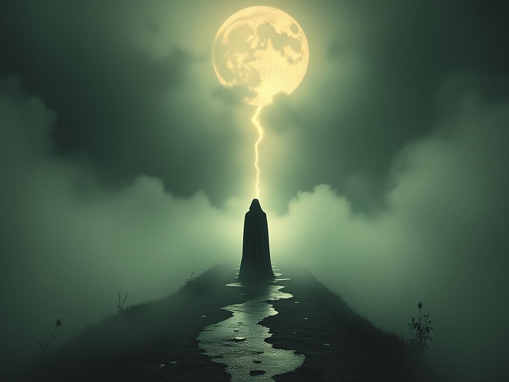  mysterious figure standing at the edge of a dense fog, obscured pathways stretching outwards, figure illuminated by an otherworldly light, guiding, ethereal. an illustration in the style of a worn, mystical old tarot trump card, mysterious and elements of surrealism. the colors are muted, somber and eerie, but with contrast bring out an occult and esoteric vibe.