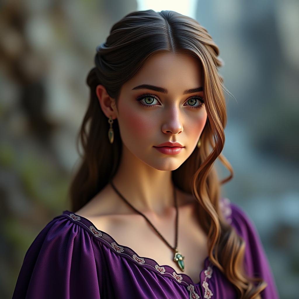  detailed beautiful young woman with brown hair from the house of dane from george r.r. martin's a song of fire and ice universe, wearing a purple dress, in super realism style hyperrealistic, full body, detailed clothing, highly detailed, cinematic lighting, stunningly beautiful, intricate, sharp focus, f/1. 8, 85mm, (centered image composition), (professionally color graded), ((bright soft diffused light)), volumetric fog, trending on instagram, trending on tumblr, HDR 4K, 8K